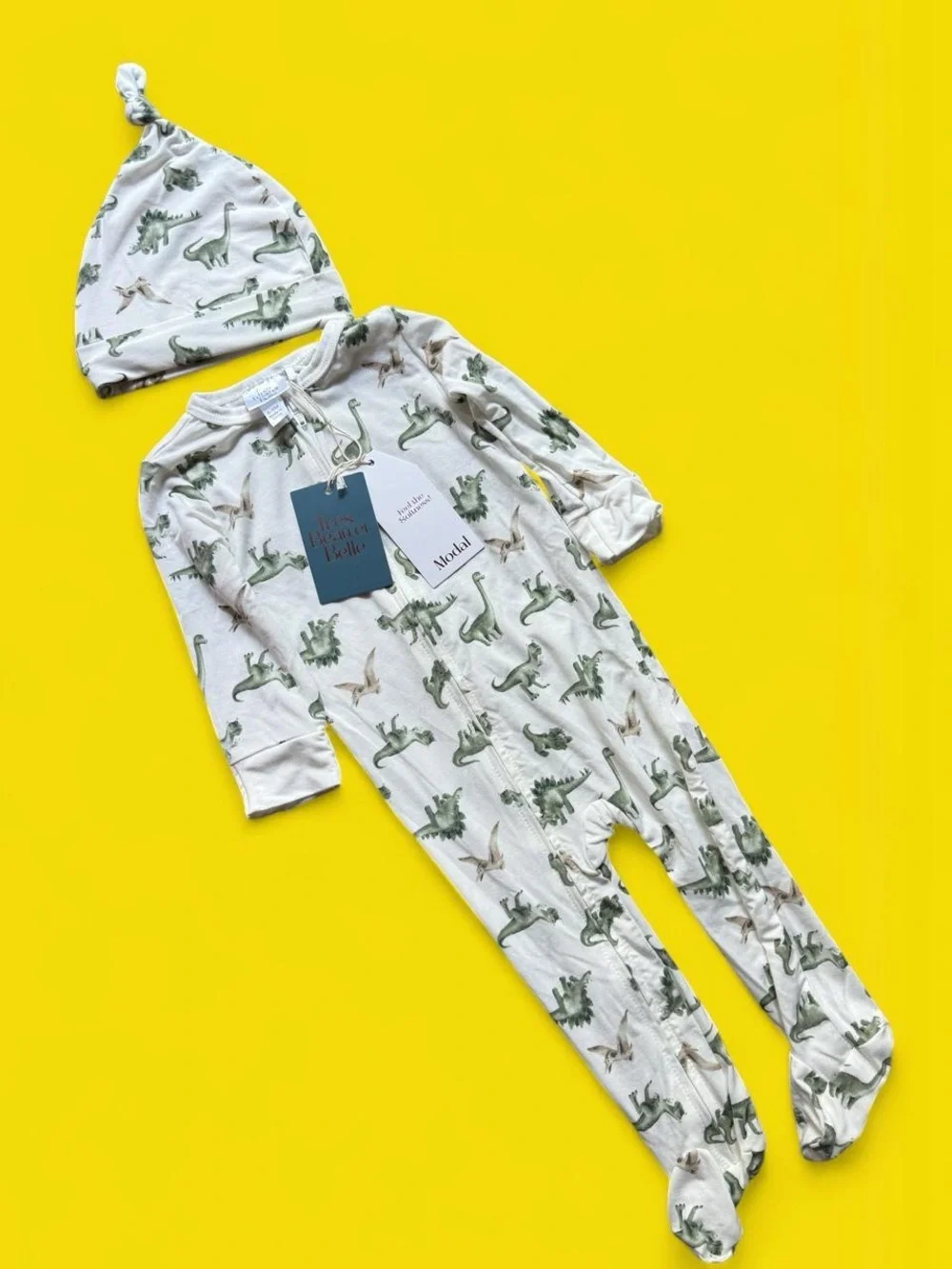 Baby Dinosaur Print Footed One-Piece with Hat - White & Green